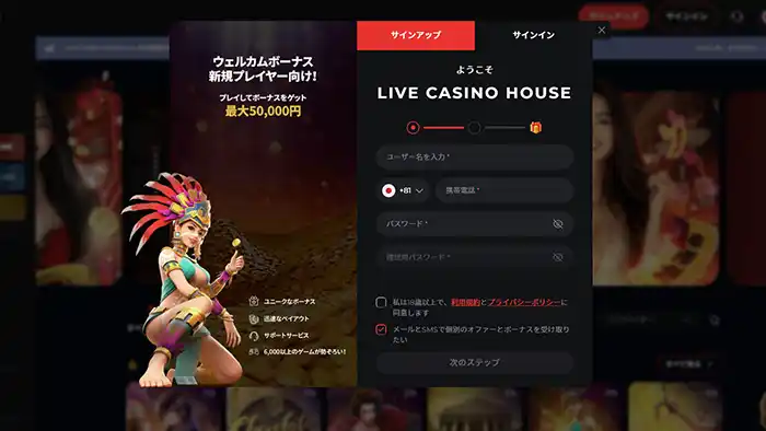ライブカジノハウスの登録方法：情報入力画面①