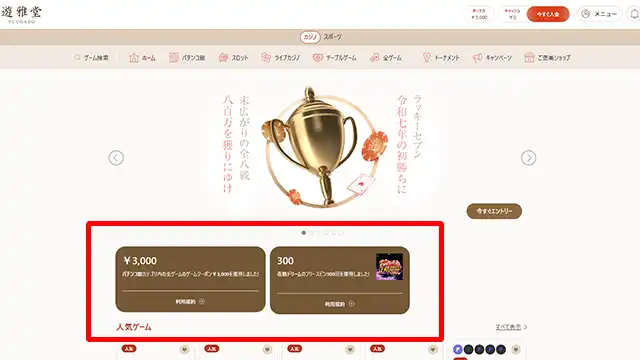 遊雅堂の入金不要ボーナス確認