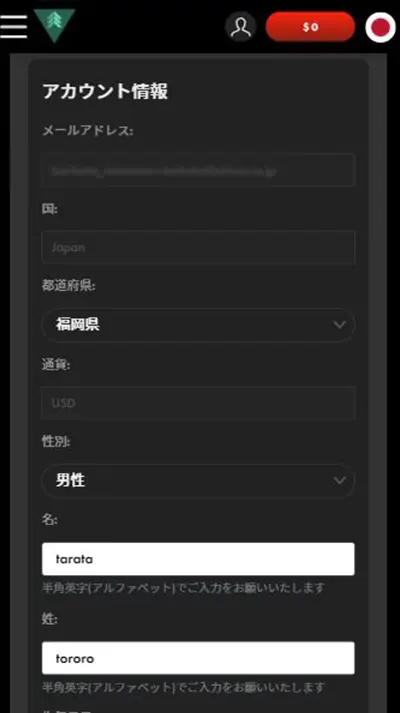 ハントカジノ(旧ベットランクカジノ)プロフィール情報入力