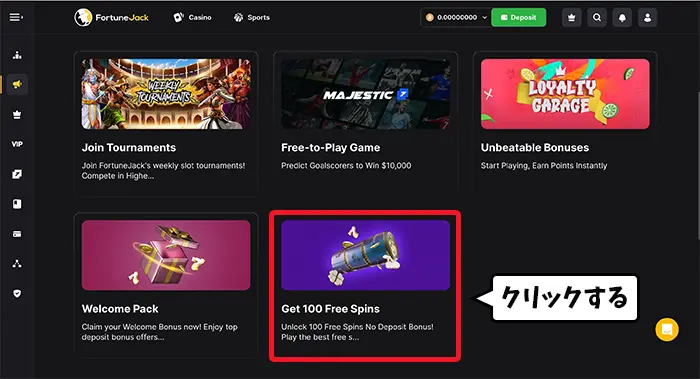 Get 100 Free Spinsをクリックする