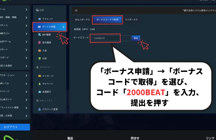 ラリーベットボーナス取得方法01：ボーナスコード入力画面