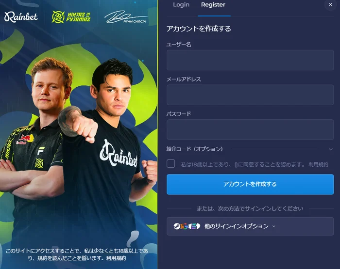 レインベット登録フォームの画面イメージ